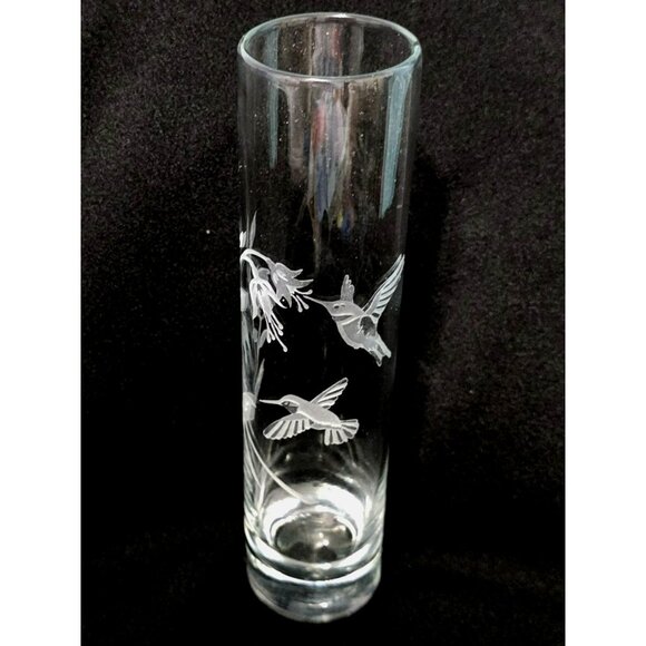 Etched Hummingbird Glass Bud Vase Flowers Signed Fitzgerald Birds Floral 7.5" - Picture 1 of 7